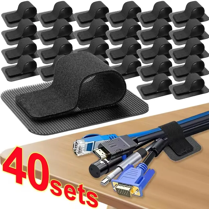 Cable Organizer - 4-40個入り、デスク下ケーブル整理用、ワイヤーホルダー、コードオーガナイザー、調整可能なフック＆ループ式、粘着式ケーブルタイ、ケーブルホルダー