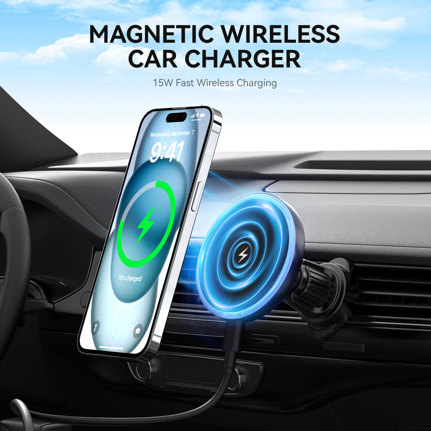Phone Holder - 15W車載マグネット式ワイヤレス充電器カーナビ携帯電話ホルダー